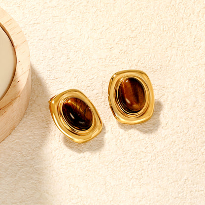 Bulk Waterproof PVD Gold Plated Tiger Eye Bezel Stud EarringsClose-ups of the gold plating and details