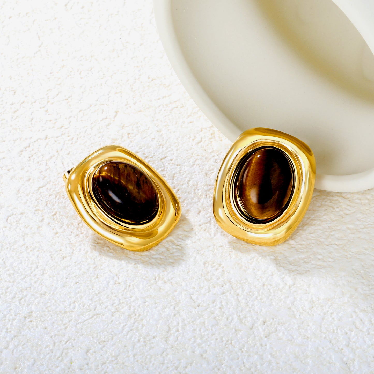 Bulk Waterproof PVD Gold Plated Tiger Eye Bezel Stud EarringsHigh-resolution Lifestyle Photos