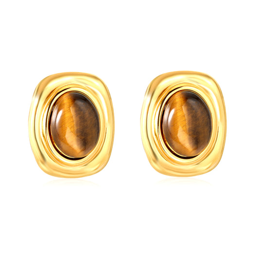 Bulk Waterproof PVD Gold Plated Tiger Eye Bezel Stud EarringsHigh-resolution on white background