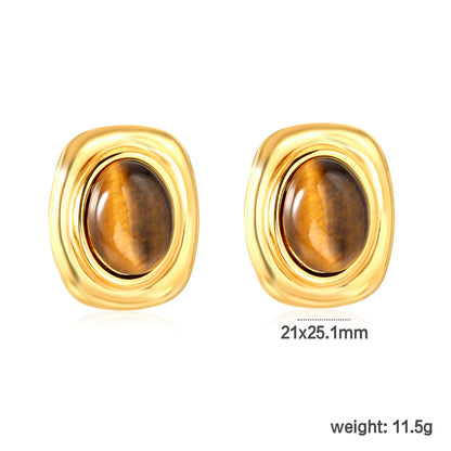 Bulk Waterproof PVD Gold Plated Tiger Eye Bezel Stud Earringsdimension diagram with measurements