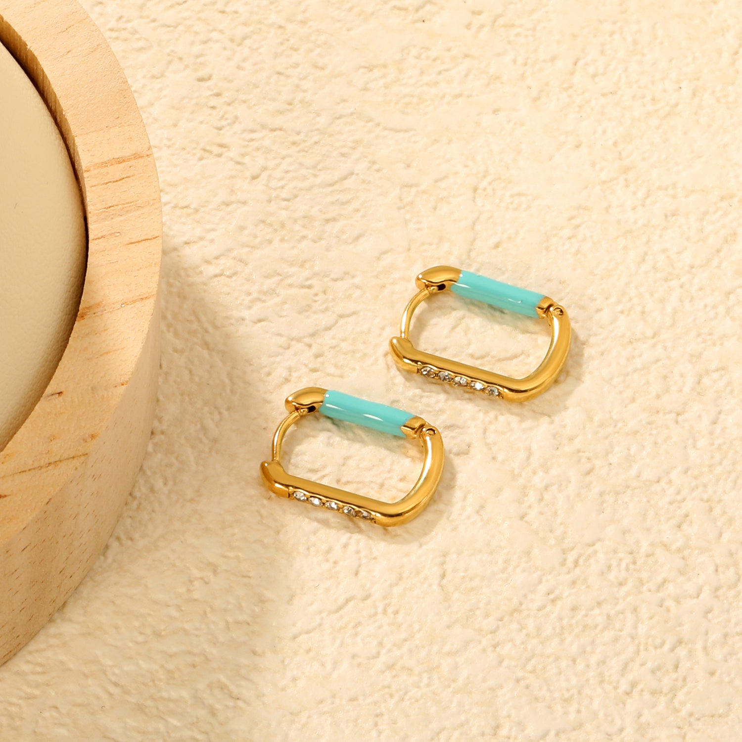 Bulk Waterproof PVD Gold Square Teal Enamel Pave Hoop EarringsClose-ups of the gold plating and details
