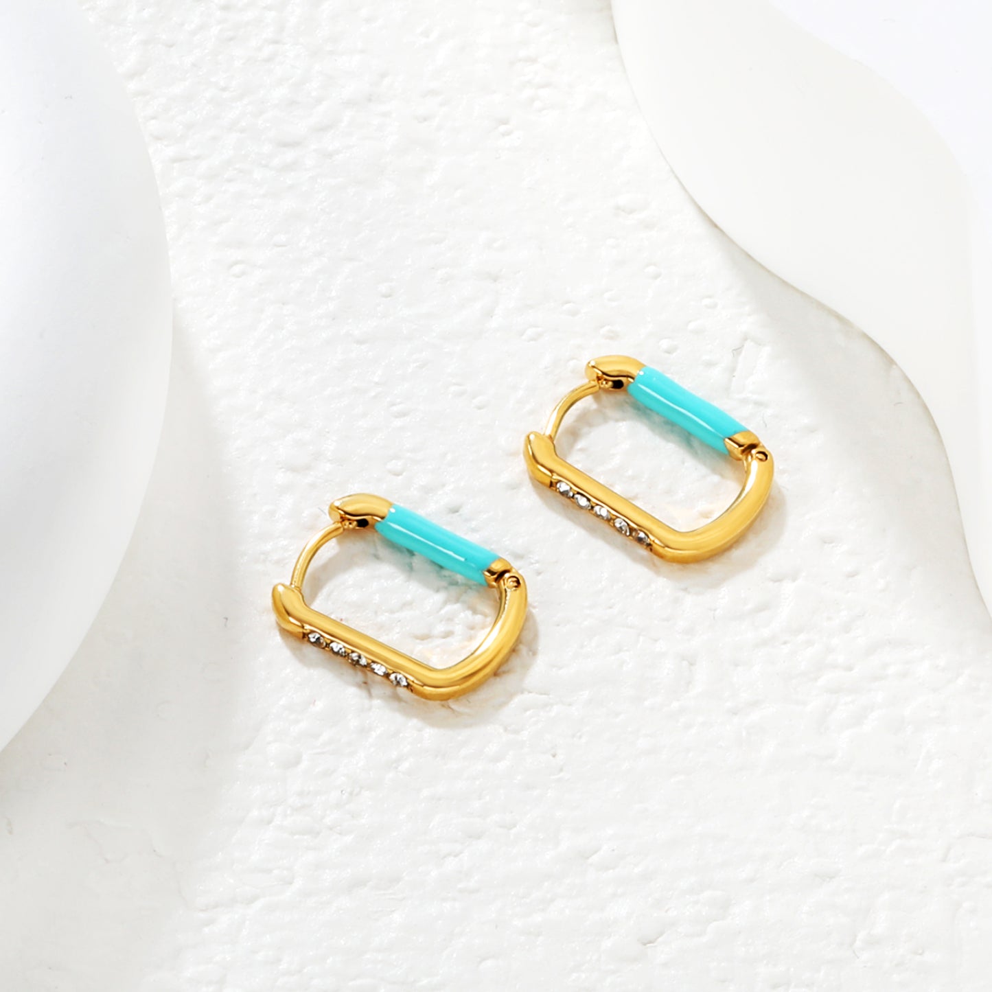 Bulk Waterproof PVD Gold Square Teal Enamel Pave Hoop EarringsHigh-resolution Lifestyle Photos