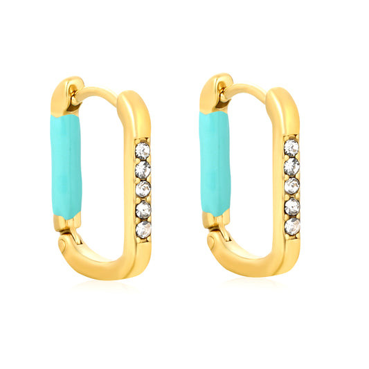 Bulk Waterproof PVD Gold Square Teal Enamel Pave Hoop EarringsHigh-resolution on white background