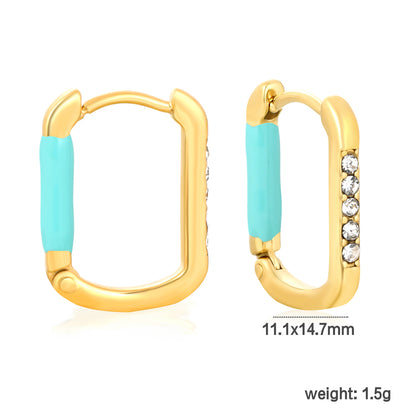 Bulk Waterproof PVD Gold Square Teal Enamel Pave Hoop Earringsdimension diagram with measurements