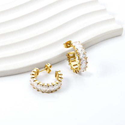 Elegant Sparkling Clear Baguette Gemstone Half Hoop Stud Earrings