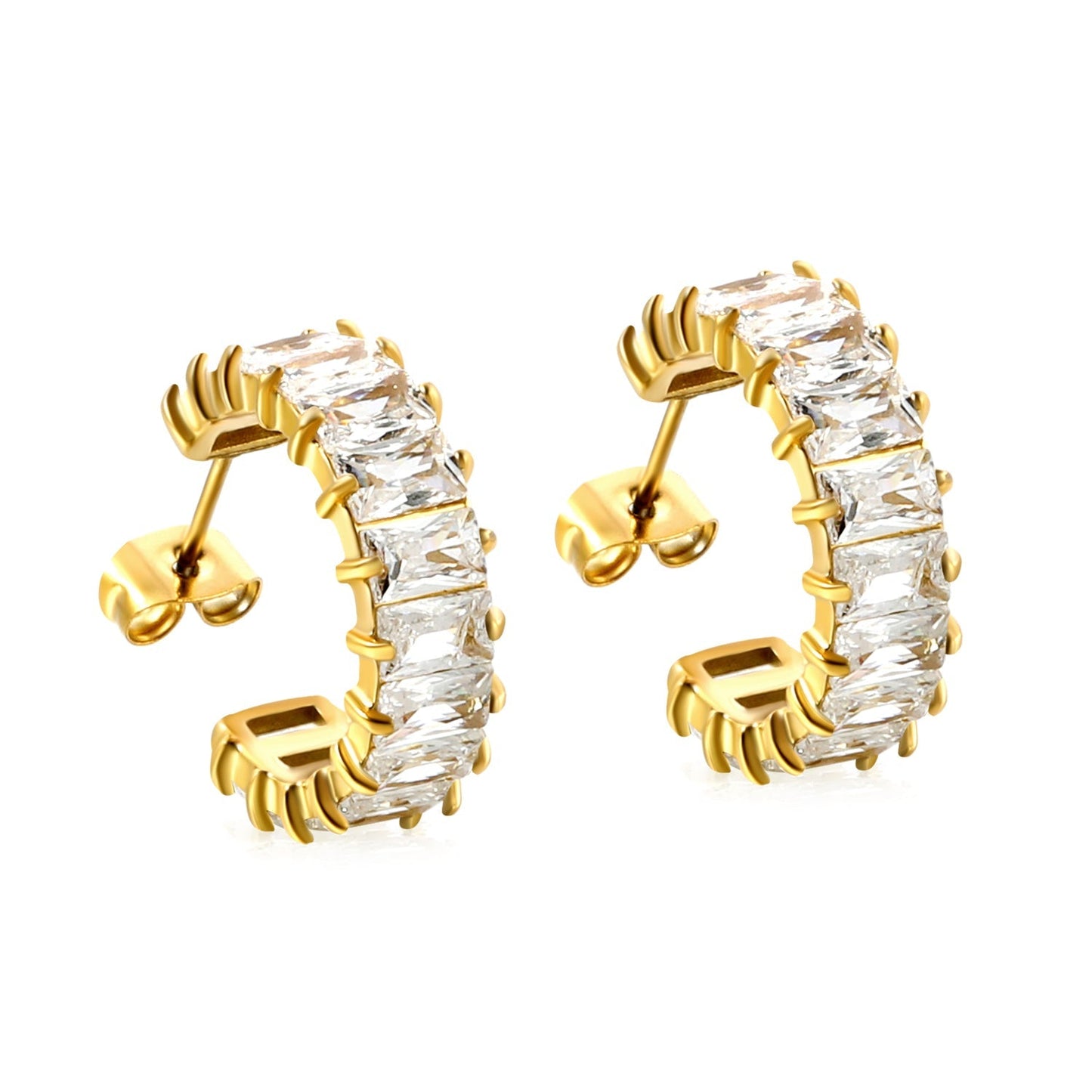 Elegant Sparkling Clear Baguette Gemstone Half Hoop Stud Earrings