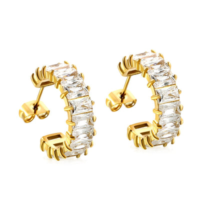 Elegant Sparkling Clear Baguette Gemstone Half Hoop Stud Earrings