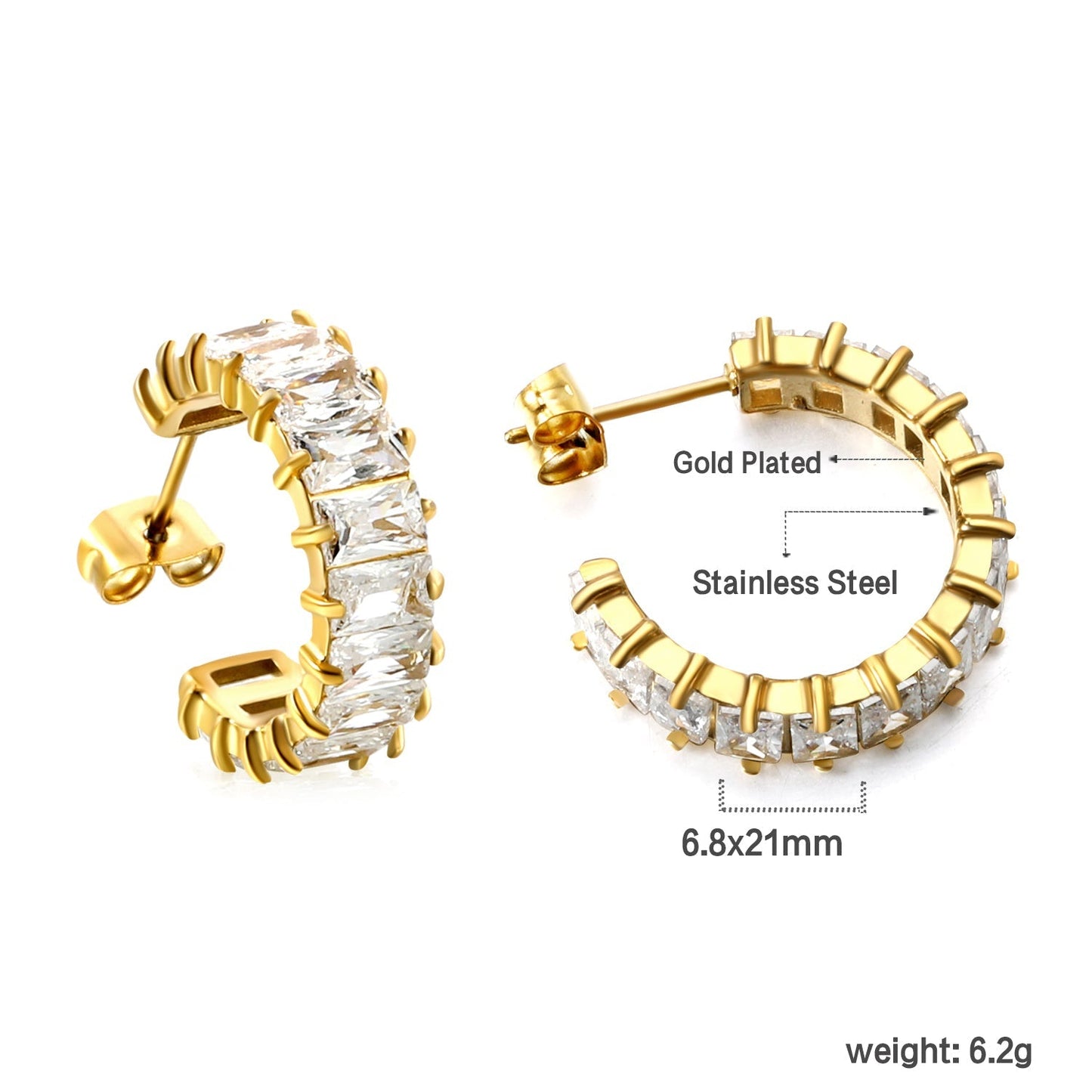 Elegant Sparkling Clear Baguette Gemstone Half Hoop Stud Earrings