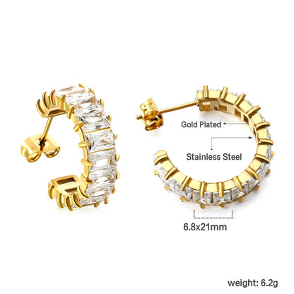 Elegant Sparkling Clear Baguette Gemstone Half Hoop Stud Earrings