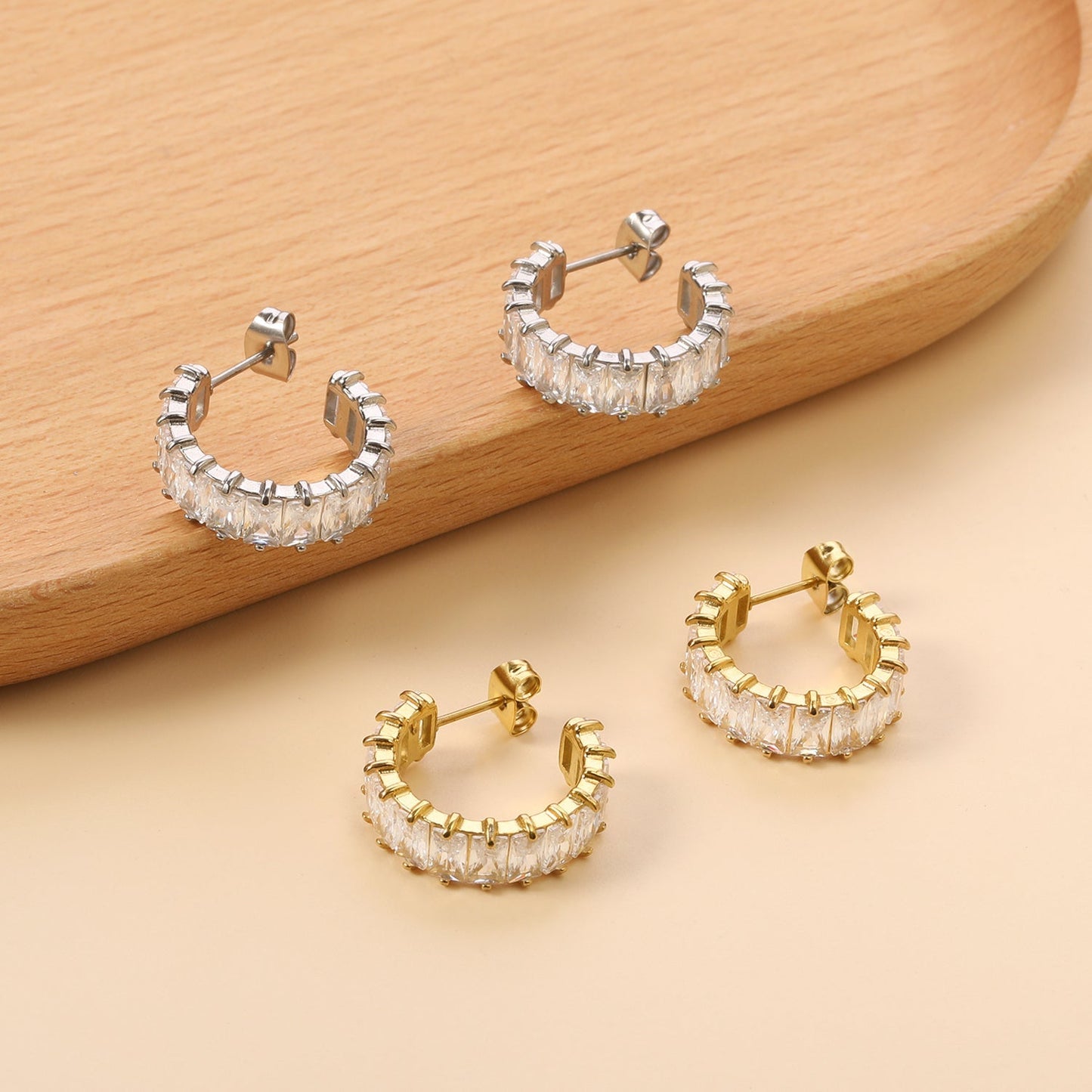 Elegant Sparkling Clear Baguette Gemstone Half Hoop Stud Earrings