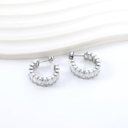 Elegant Sparkling Clear Baguette Gemstone Half Hoop Stud Earrings