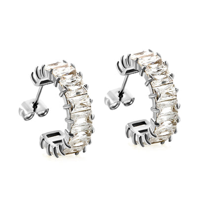 Elegant Sparkling Clear Baguette Gemstone Half Hoop Stud Earrings