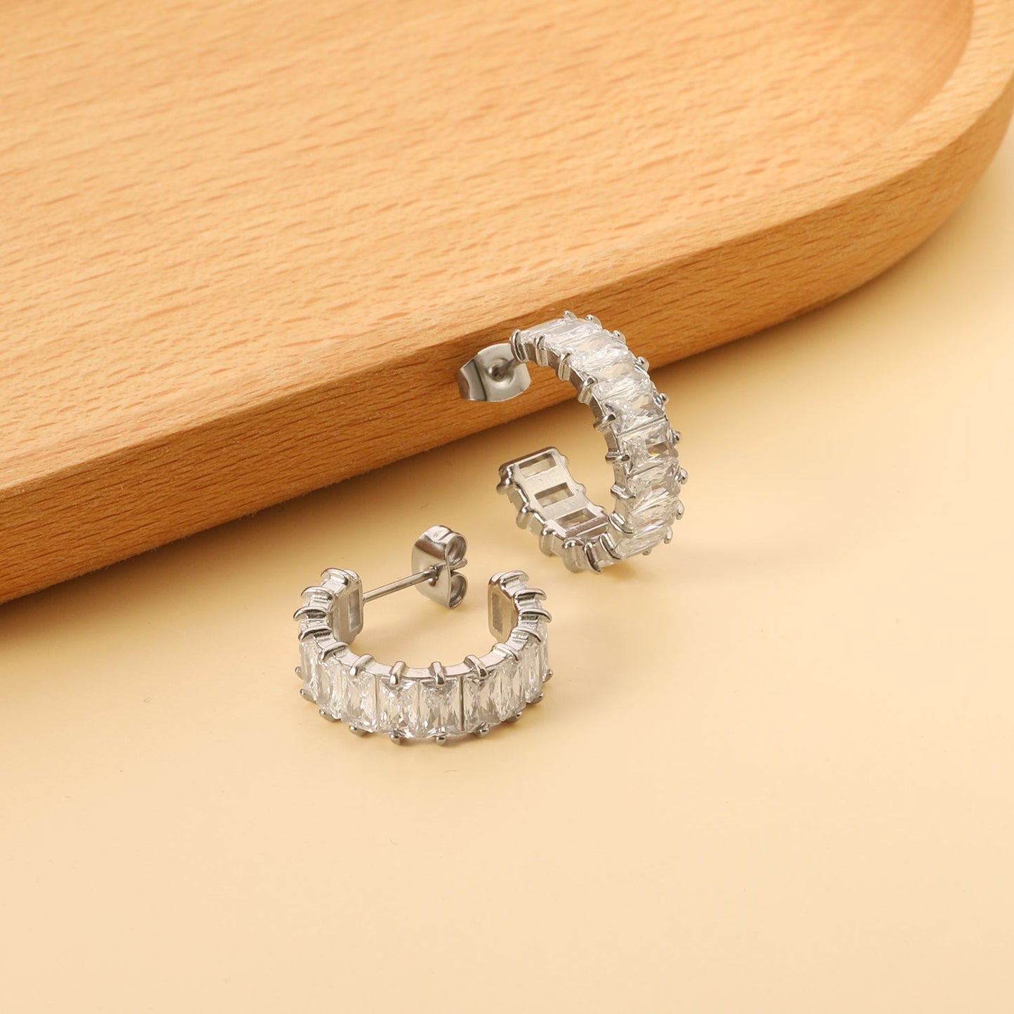 Elegant Sparkling Clear Baguette Gemstone Half Hoop Stud Earrings