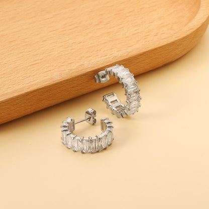 Elegant Sparkling Clear Baguette Gemstone Half Hoop Stud Earrings