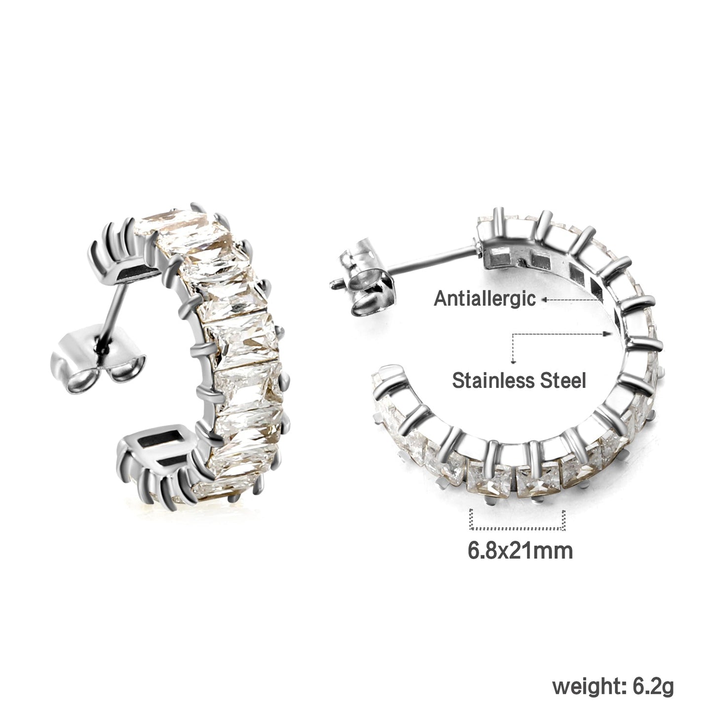 Elegant Sparkling Clear Baguette Gemstone Half Hoop Stud Earrings