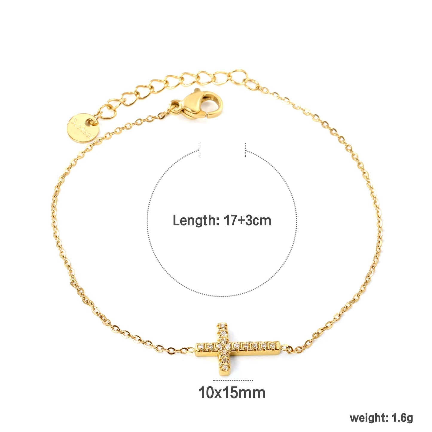 Cubic Zirconia Horizontal Cross Bracelet 304L Steel Gold Plated 10x15mm