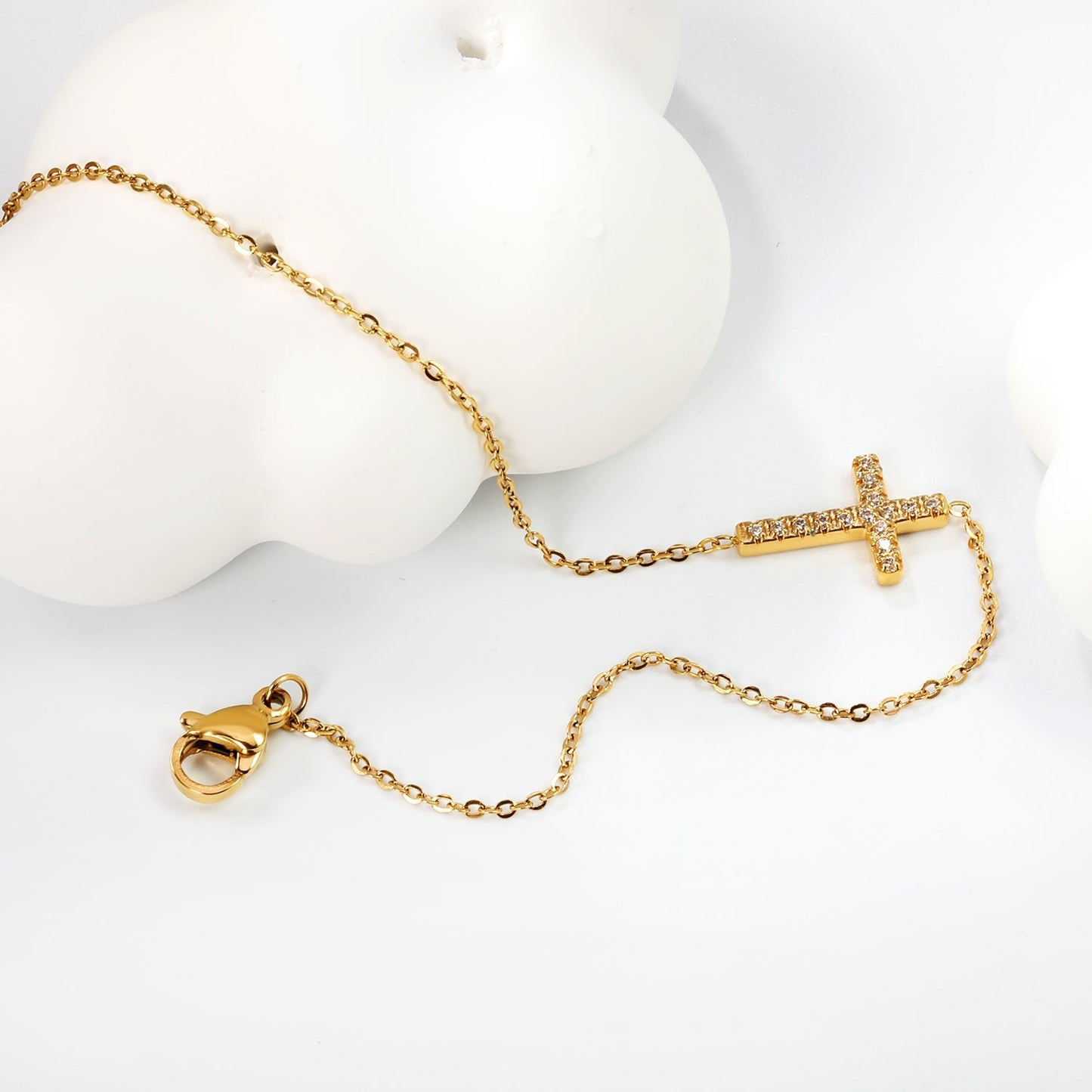 Cubic Zirconia Horizontal Cross Bracelet 304L Steel Gold Plated 10x15mm
