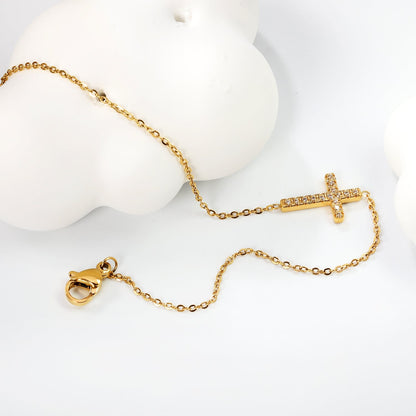 Cubic Zirconia Horizontal Cross Bracelet 304L Steel Gold Plated 10x15mm