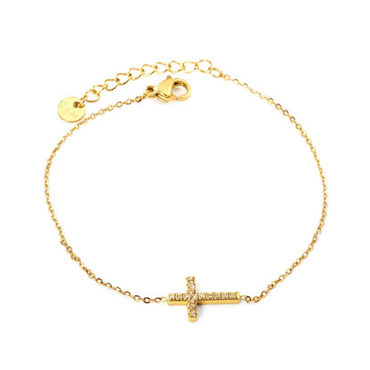 Cubic Zirconia Horizontal Cross Bracelet 304L Steel Gold Plated 10x15mm