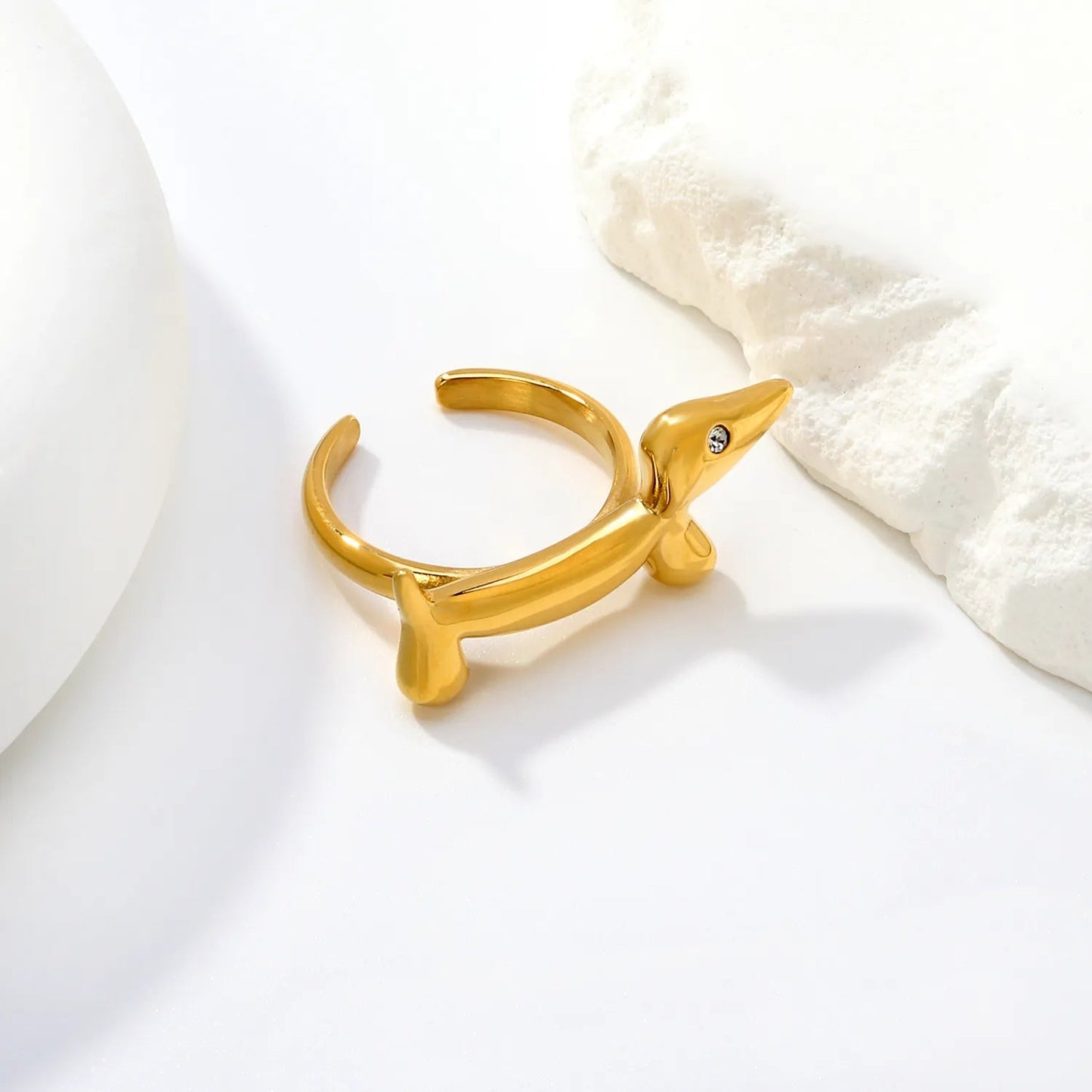 Cute Dachshund Dog Ring 304L Gold Plated CZ Eye