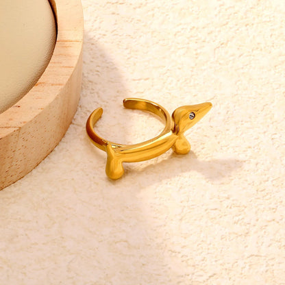 Cute Dachshund Dog Ring 304L Gold Plated CZ Eye