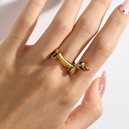 Cute Dachshund Dog Ring 304L Gold Plated CZ Eye