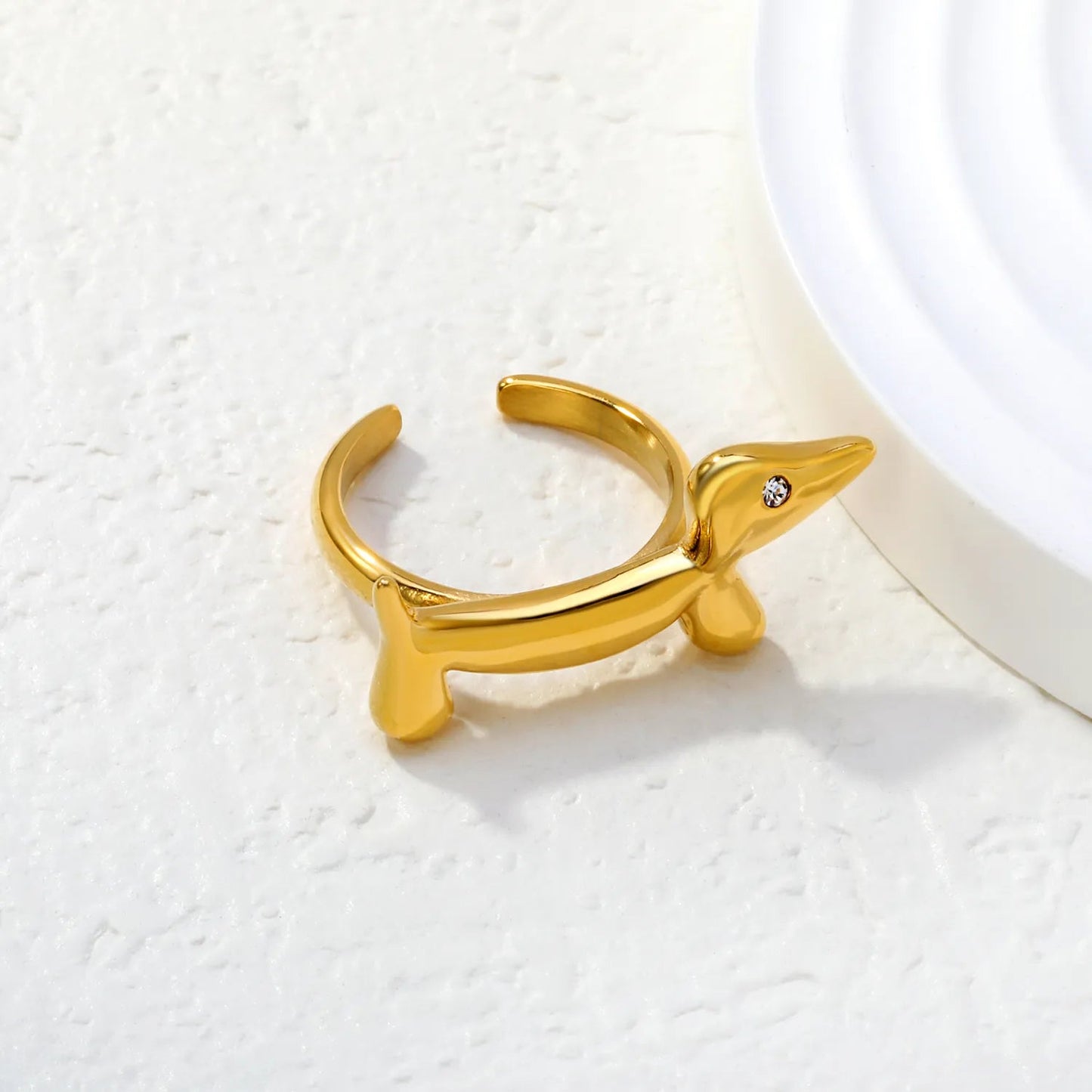 Cute Dachshund Dog Ring 304L Gold Plated CZ Eye