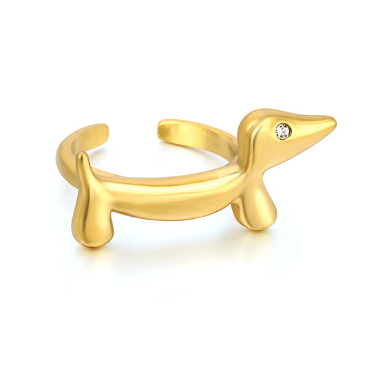 Cute Dachshund Dog Ring 304L Gold Plated CZ Eye
