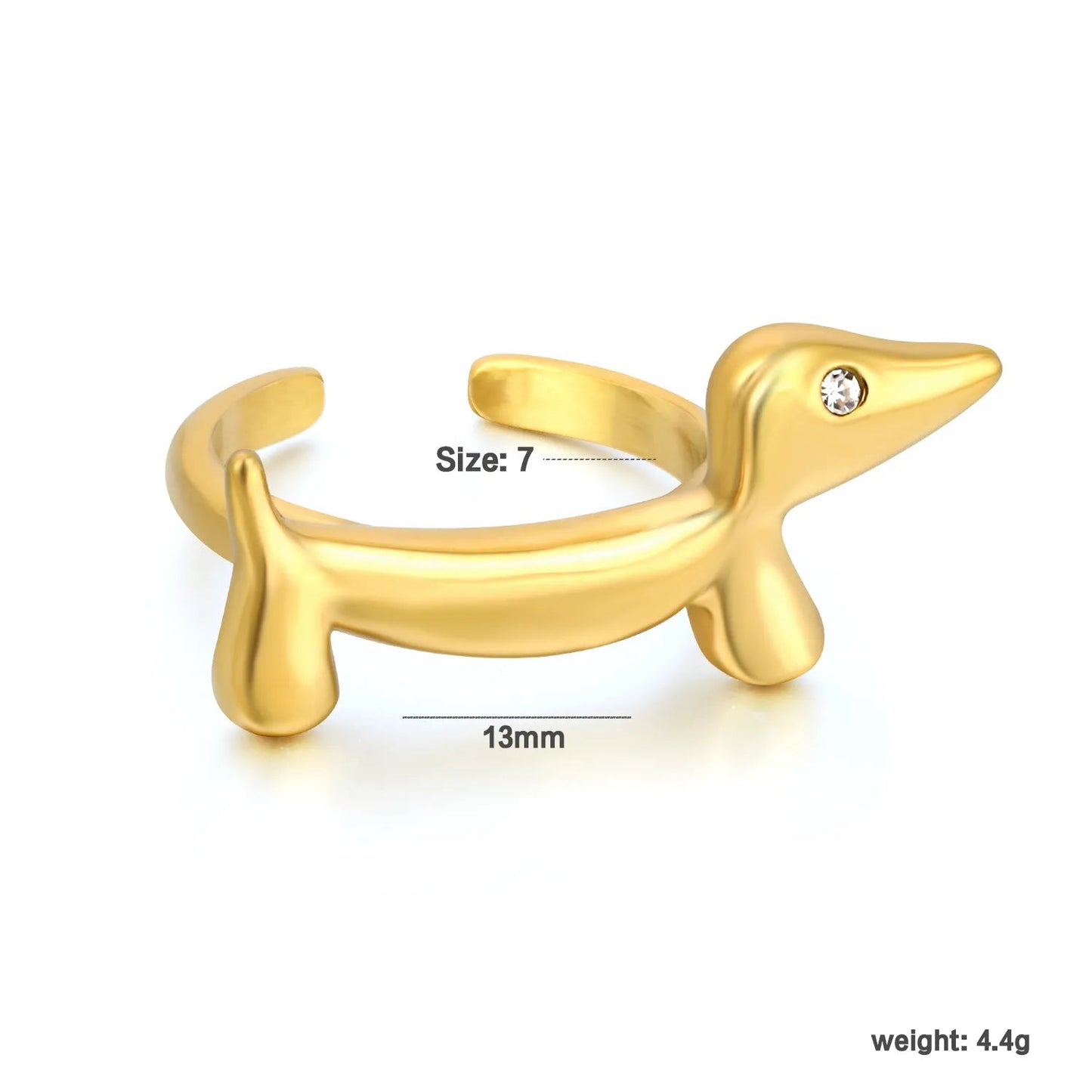 Cute Dachshund Dog Ring 304L Gold Plated CZ Eye