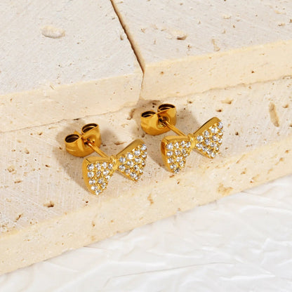 Diamond-Studded Bow Earrings | Waterproof Gold-Plated Stainless Steel with Zirconia