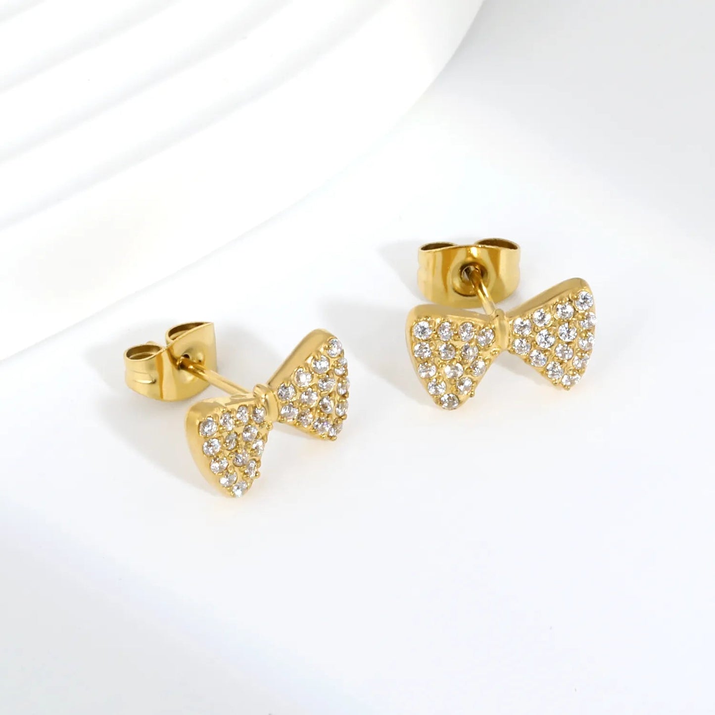 Diamond-Studded Bow Earrings | Waterproof Gold-Plated Stainless Steel with Zirconia