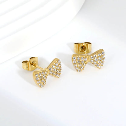 Diamond-Studded Bow Earrings | Waterproof Gold-Plated Stainless Steel with Zirconia