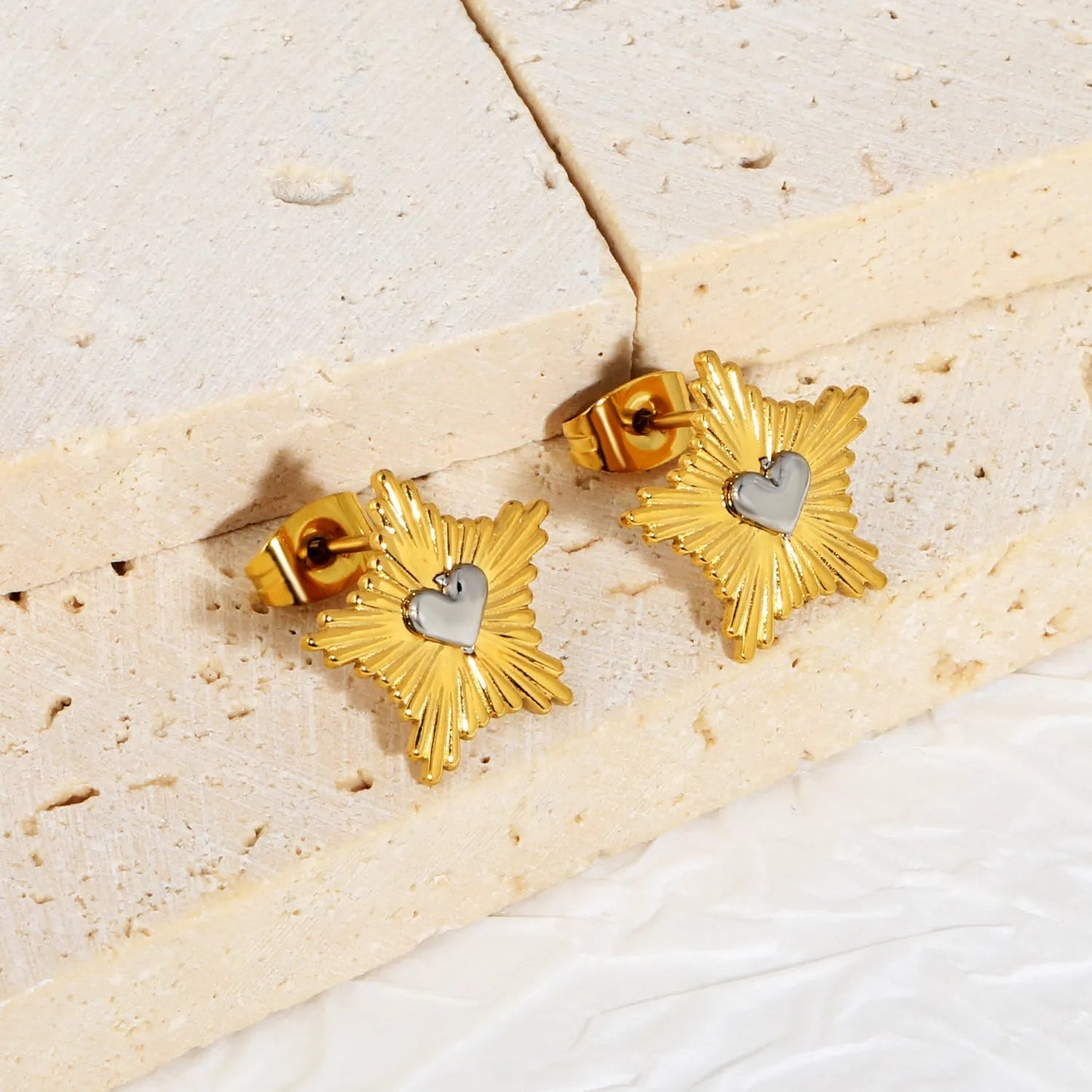 Edgy Starburst Heart Stud Earrings | Hypoallergenic 304L Steel Gift