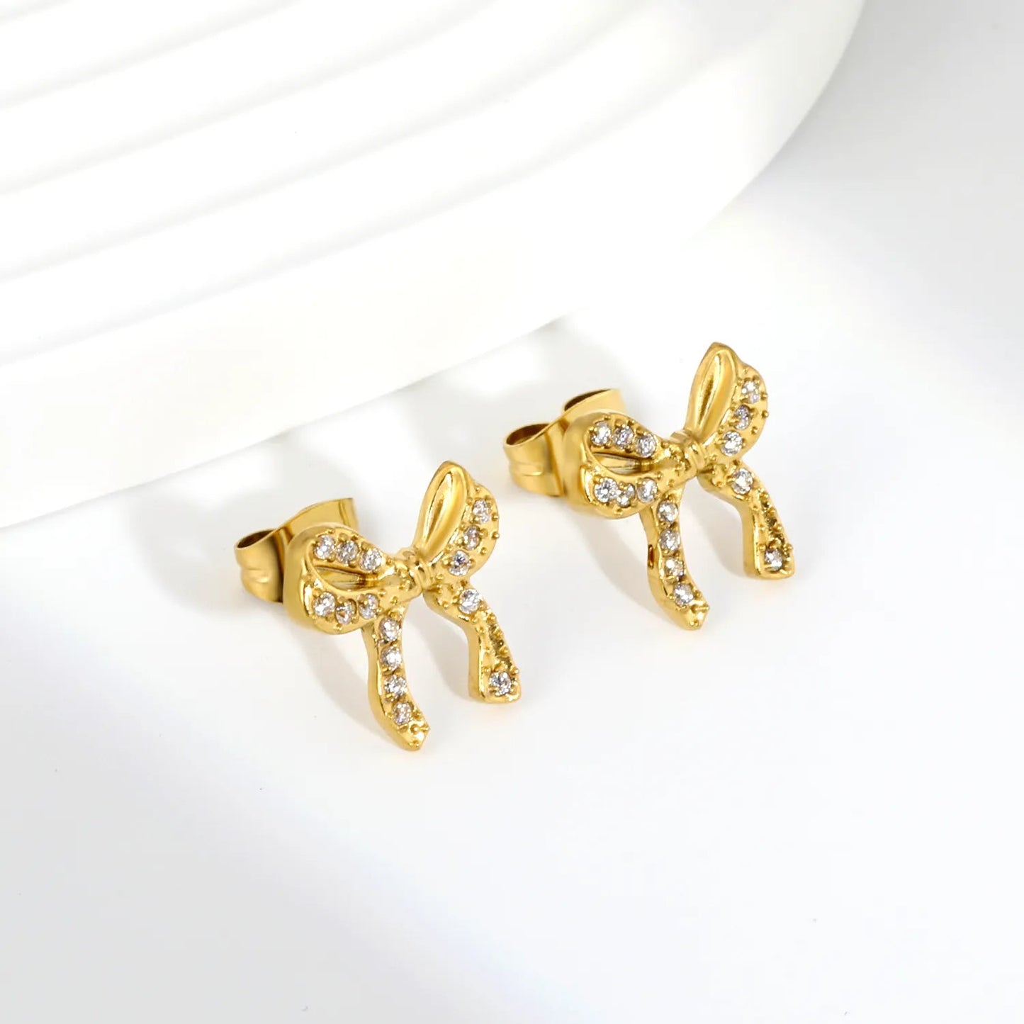 Elegant Full CZ Bow Earrings | Hypoallergenic 304L Steel