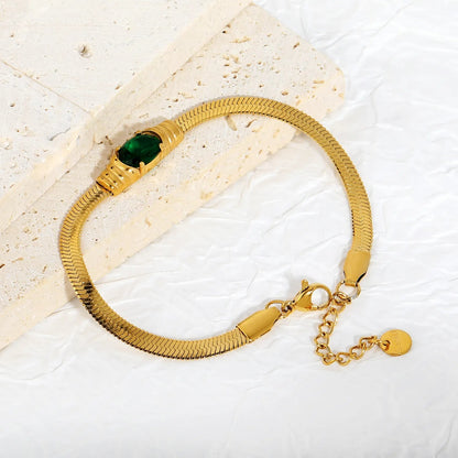 Factory 304L Steel Green Cubic Zirconia Bracelet | Fishbone Chain Hypoallergenic