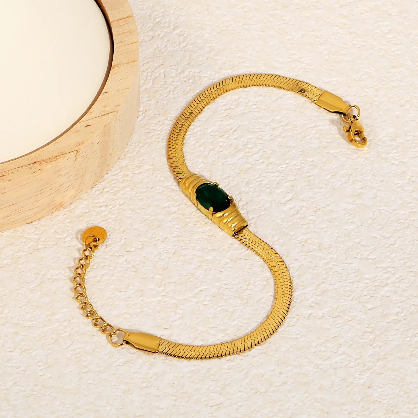 Factory 304L Steel Green Cubic Zirconia Bracelet | Fishbone Chain Hypoallergenic