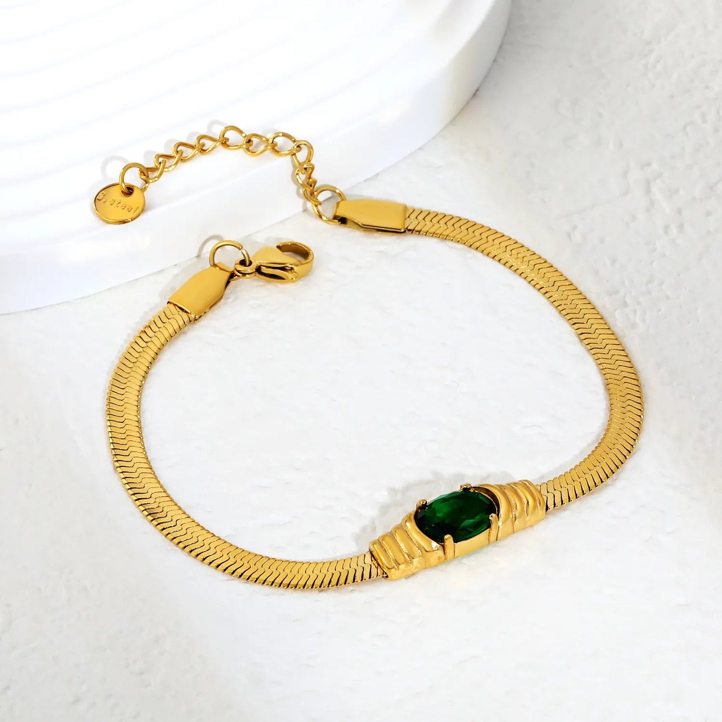 Factory 304L Steel Green Cubic Zirconia Bracelet | Fishbone Chain Hypoallergenic