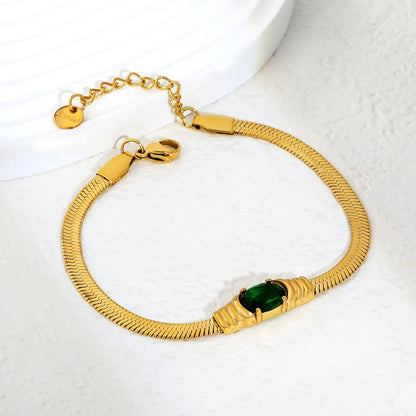 Factory 304L Steel Green Cubic Zirconia Bracelet | Fishbone Chain Hypoallergenic