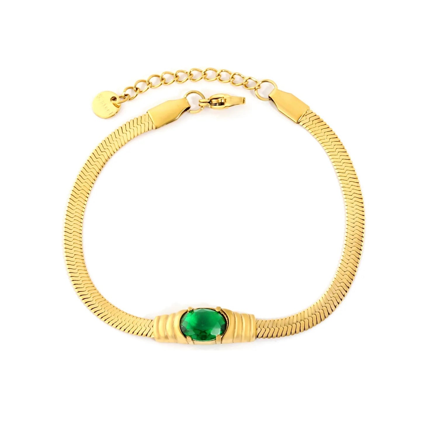 Factory 304L Steel Green Cubic Zirconia Bracelet | Fishbone Chain Hypoallergenic