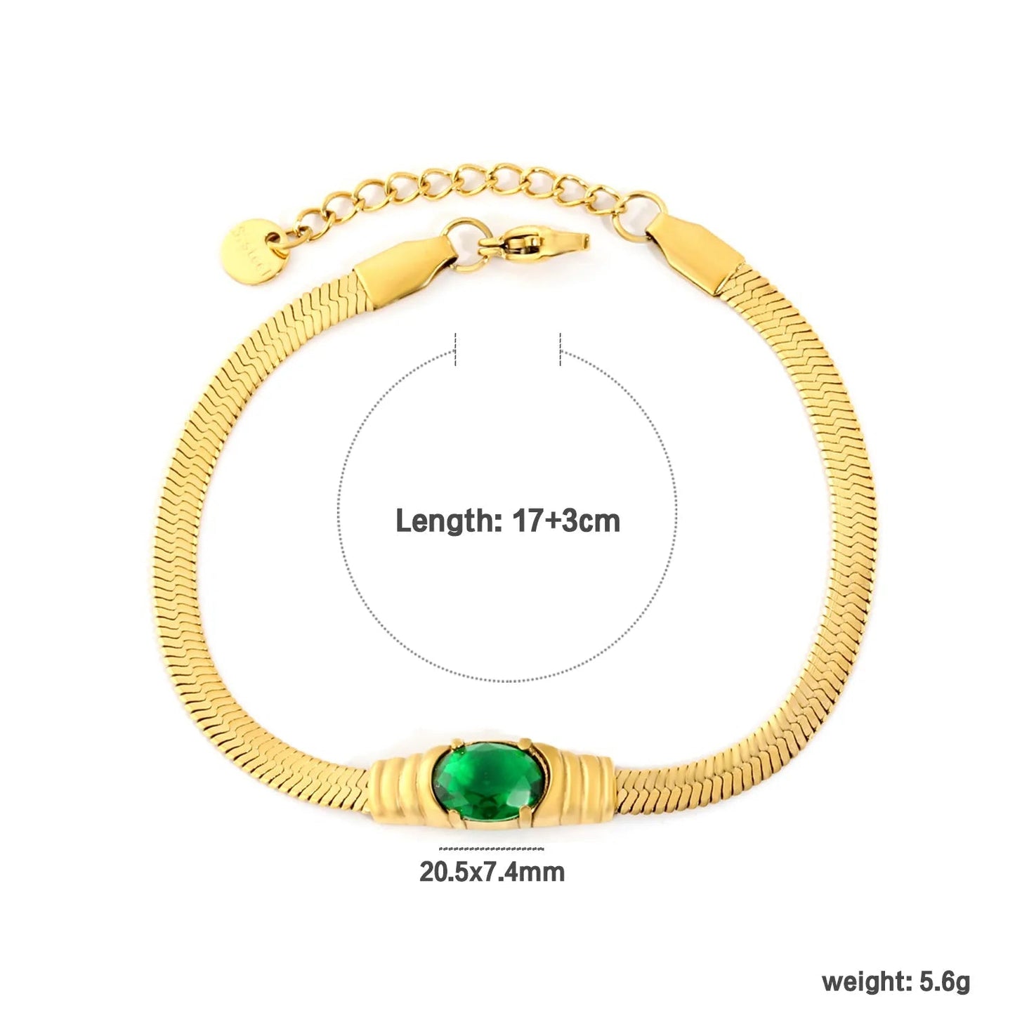 Factory 304L Steel Green Cubic Zirconia Bracelet | Fishbone Chain Hypoallergenic