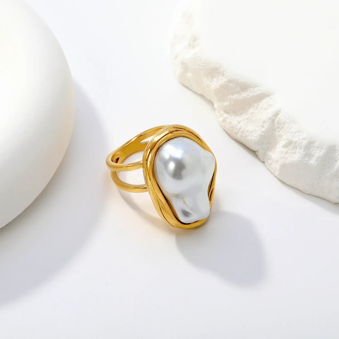 Factory 304L Steel Statement Pearl Ring Hypoallergenic Double Band 10.6g Size 6-8