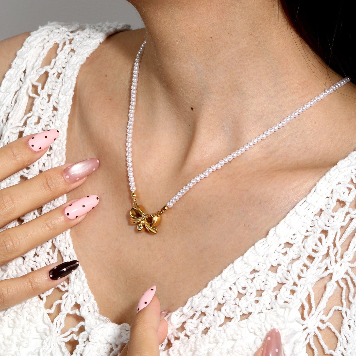Factory 45+5cm French Retro Pearl Bowknot Stainless Steel Chain