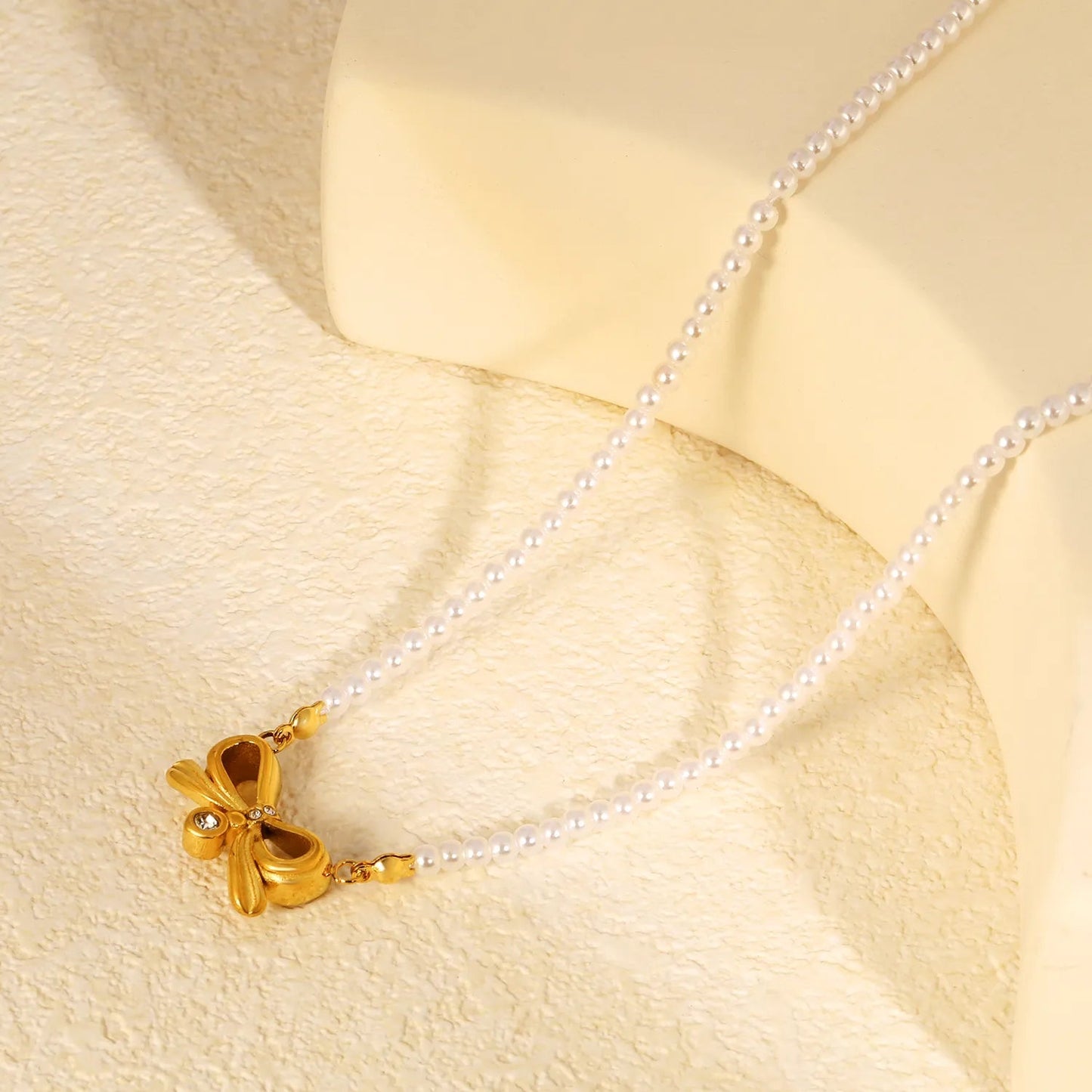 Factory 45+5cm French Retro Pearl Bowknot Stainless Steel Chain