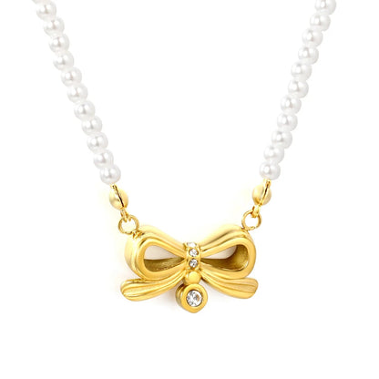 Factory 45+5cm French Retro Pearl Bowknot Stainless Steel Chain