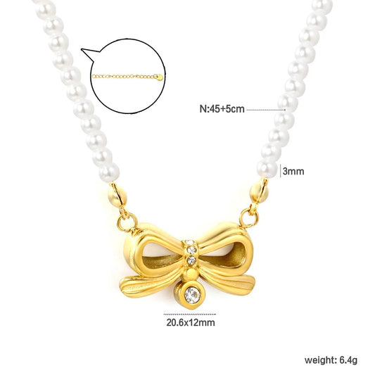 Factory 45+5cm French Retro Pearl Bowknot Stainless Steel Chain