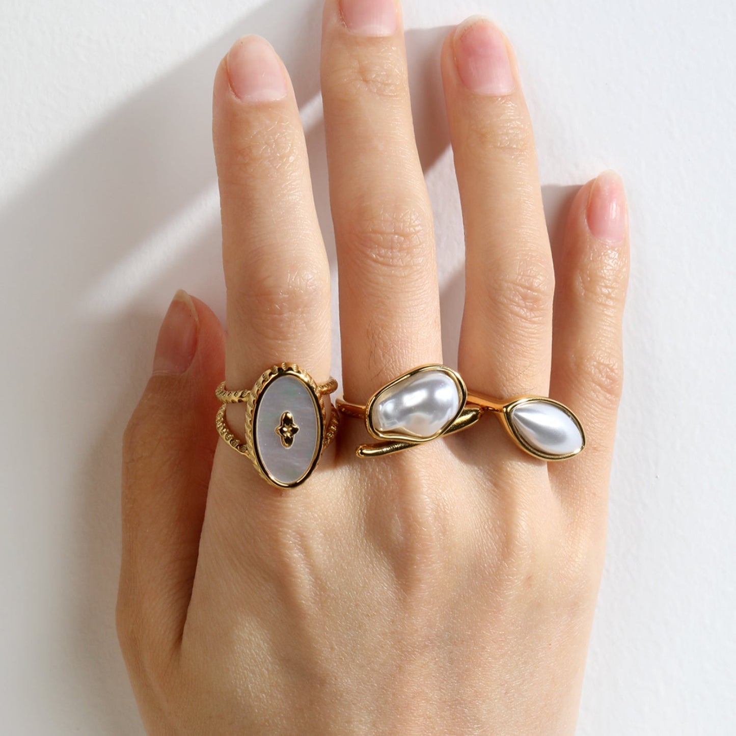 Factory 304L Steel Statement Pearl Ring Hypoallergenic Double Band 10.6g Size 6-8 Front View of Model Wearing the Earrings
