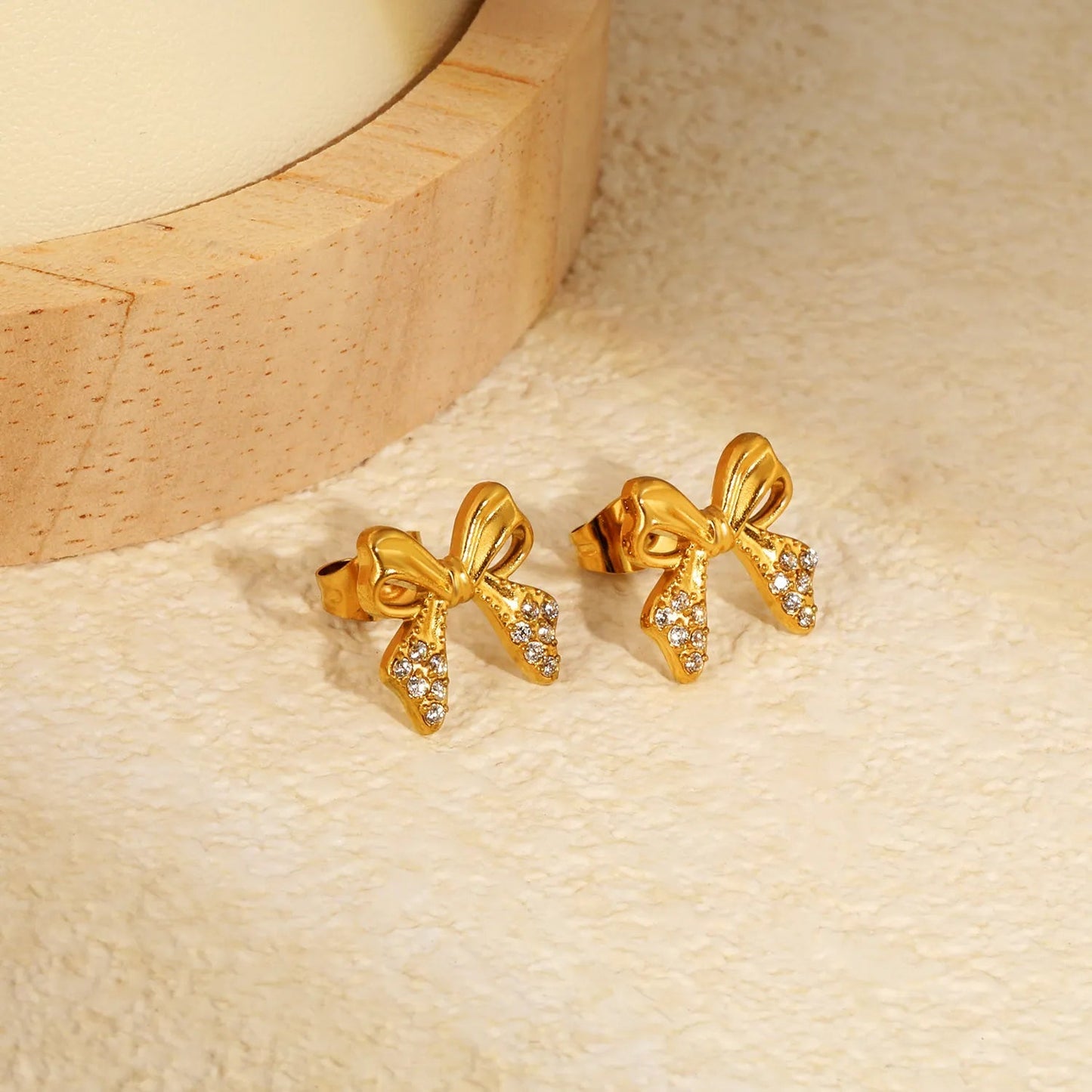 French Style Ribbon Bow Stainless Steel Zircon Stud Earrings