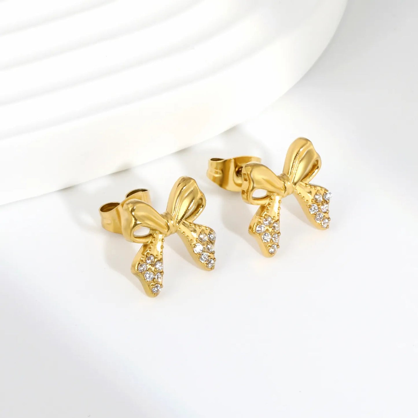French Style Ribbon Bow Stainless Steel Zircon Stud Earrings