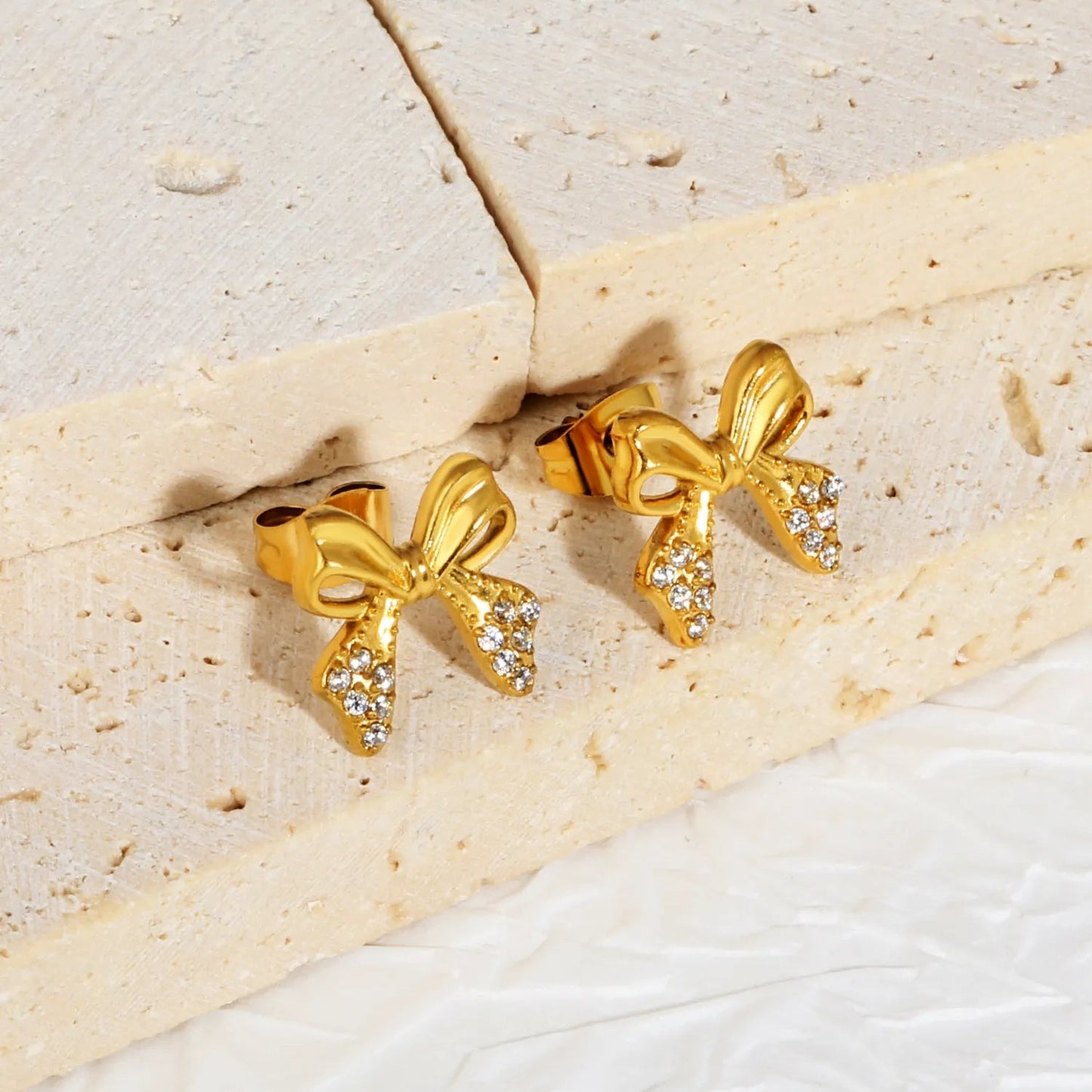 French Style Ribbon Bow Stainless Steel Zircon Stud Earrings