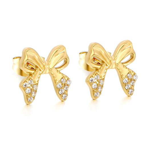 French Style Ribbon Bow Stainless Steel Zircon Stud Earrings